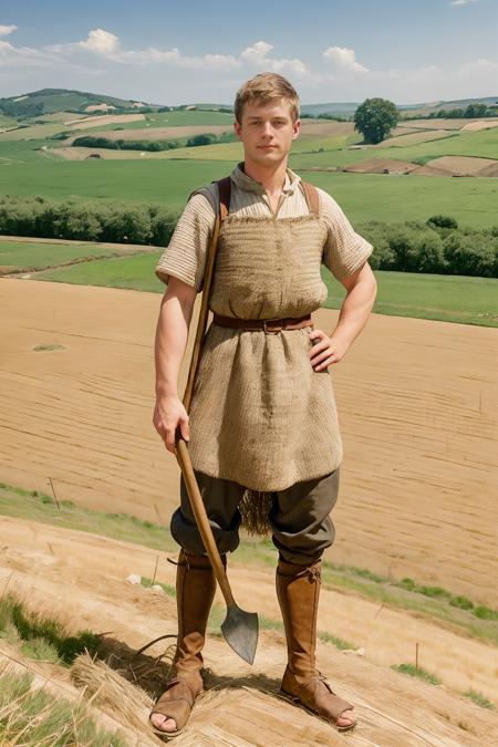 rolling hills, farmland, simple medieval dwelling in the background, standing next to a (haystack:1.2), PetoMohac is a medieval peasant, wearing a medieval peasant's tunic, hose and medieval shoes, (holding a pitchfork),  (((full body portrait))), wide angle  <lora:PetoMohac-000008:0.8>