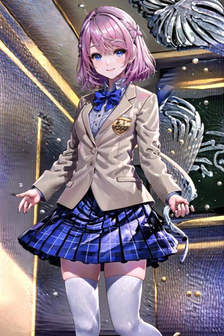 masterpiece, best quality, solo, 1girl, suzu hanamichi, school uniform, (beige jacket, long sleeves, white dress shirt, blue bowtie, blue plaid skirt), (thighhighs, white legwear), black loafers, smile, looking at viewer, standing, (classroom, school, indoors, sunlight), full body, <lora:negative-e12-15:-1.5>