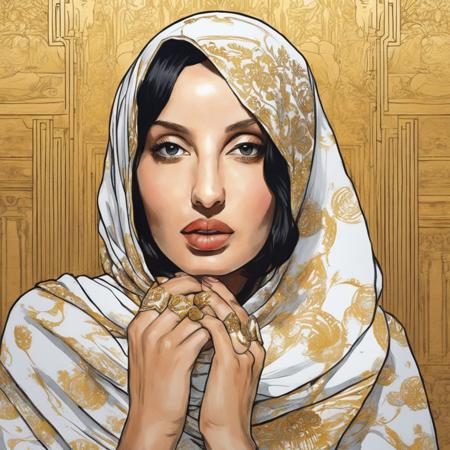 a Nora Fatehi woman wearing a white and gold hijab , art by Yuko Shimizu , art by Oliver Jeffers , art by Sammy Harkham , art by Simone Massoni
