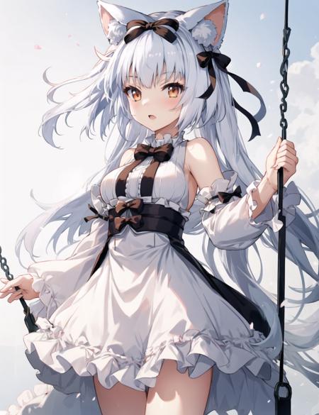 1girl, cowboy shot, 
yukikaze \(sovereign of the swing\) \(azur lane\), dress, bow, white hair,  medium breasts, 
 ,<lora:yukikaze_sovereign of the swing:1>, masterpiece, best quality,