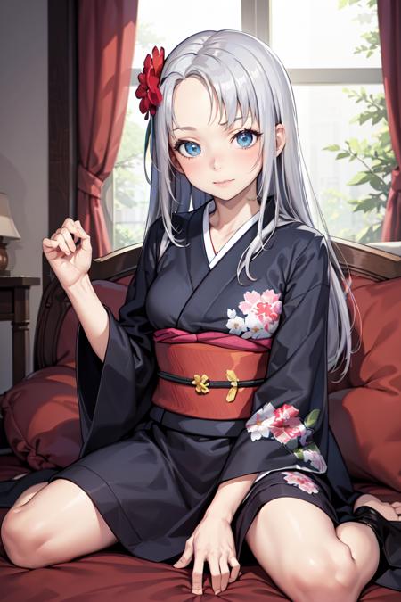 masterpiece, best quality, absurdres, KateTakayama, long hair, silver hair, forehead, indoors, kimono, hair flower, floral print, wariza, sitting, hands on own knees, <lora:CHAR-KateTakayama:0.8>