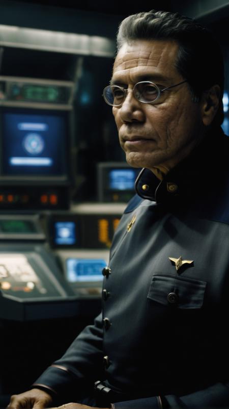 portrait of Edward James Olmos man, in a spaceship, wearing a suit, gloomy, photo, canon dslr, high quality, photorealistic, bokeh, analog film, rule of 3rds composition