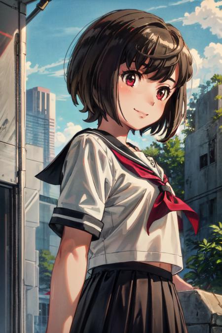 1girl, (masterpiece:1.3), (high resolution), (8K), (extremely detailed), (4k), (pixiv), perfect face,  (best quality), (super detailed), (solo), (textured skin:1.3),aico tachibana, black hair, short hair,red eyes, school uniform, serafuku, black skirt, pleated skirt, short sleeves, scenary: outdoors, ruins, mold, plants, dynamic pose, smile, post-apocalyptic, <lora:aico_tachibana-09:0.8>, <lora:more_details:0.6>