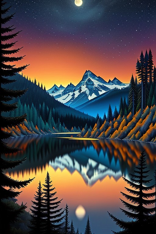 A captivating night scene illustration featuring a beautiful scene of the great out doors in the pacific northwest..   There are great mountains, pine forests, and rivers and some log cabions. It is an outdoorsman's dream.  This enchanting artwork captures a serene and peaceful night, where the moon is just starting to rise over the beautiful landscape  of The Pacific Northwest, creating a cinematic experience., illustration, cinematic
<lora:DonM3t3rn1tyXL-v1.1:0.7>, DonM3t3rn1tyXL,
OverallDetailXL  <lora:MJ52:0.3>  <lora:SDXLFaeTastic2400:0.4>  <lora:EpicF4nta5yXL:0.7>