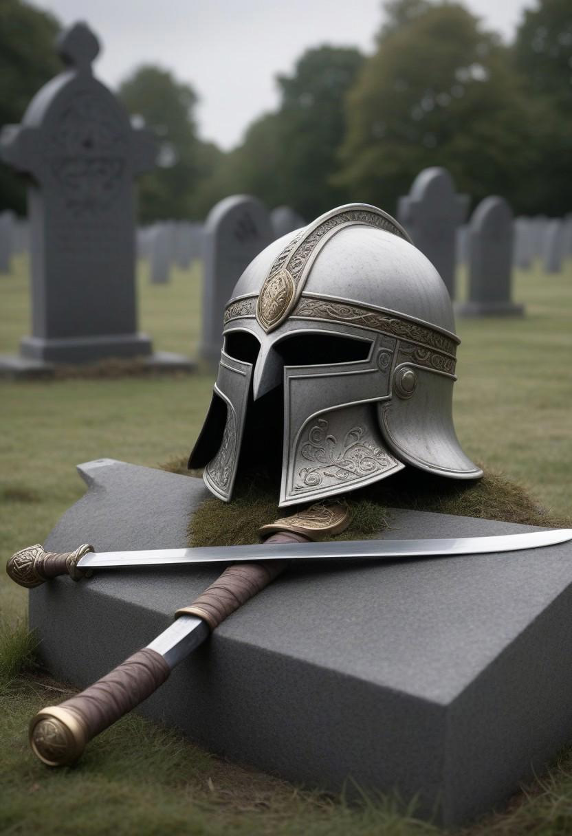 A viiking helmet and sword laying next to grave