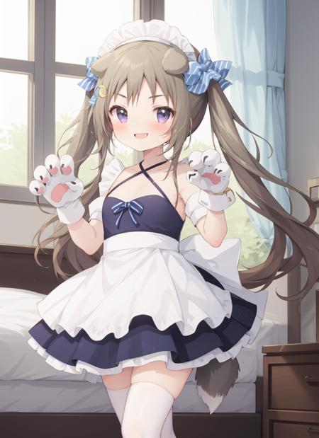 nagatsuki \(dangerous kitty maid?\) \(azur lane\), 1girl, long hair, twintails, crescent hair ornament, hairclip, hair bow, striped bow, maid, maid headress, white thighhighs, criss-cross halter, mary janes, animal hands, paw gloves, dog ears, dog girl nagatsuki \(kindergarten uniform\) \(azur lane\), 1girl, long hair, side ponytail, school hat, crescent hair ornament, hairclip, hair bow, skindergarten uniform, blue shirt, neck ribbon, white sailor collar, blue skirt, pleated skirt, backpack, randoseru, black pantyhose, black footwear, dog ears, dog girl