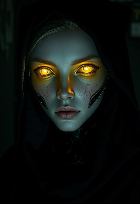 The image depicts a photorealistic portrayal of a young woman humanoid figure with a highly detailed and eerie appearance. The character's face is a blend of human and robotic features, with a smooth, metallic surface covering parts of the skin. Mechanical elements are visible around the eyes and cheeks, hinting at a cybernetic or android identity. The eyes glow bright yellow, emitting an intense, almost otherworldly light, contrasting with the dark, shadowy background.
The figure is dressed in a black hooded cloak, which blends into the dim surroundings, giving the character a mysterious, almost ominous presence. The hood covers much of the head, leaving the illuminated eyes as the most striking feature. The atmosphere is dark, industrial, and dystopian, with subtle texture on the clothing suggesting rough, worn materials. The lighting emphasizes the cold, mechanical aspects of the character’s face, adding to the unsettling yet captivating mood. The attention to detail in the textures of the metal parts and the shadows on the cloak creates an impression of photorealistic precision. (8k, RAW photo, best quality, ultra high res, depth of field:1.1), (absurdres, intricate, photorealistic, masterpiece, ultra-detailed)