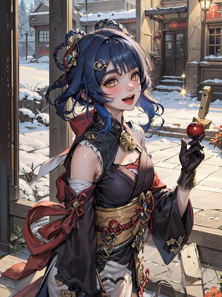 (masterpiece:1.2, best quality), (ultra-detailed), (illustration), (ultra highres), (delicate illustration), (hyper detailed),(dynamic angle),1girl, xiangling (genshin impact), yellow eyes, hair ornament, japanese clothes, kimono, looking at viewer, blue hair, smile, open mouth, short hair, food, hairclip, solo, bangs, red kimono, obi, indoors, blurry, sash, blush, snow, braid, blurry background, hair rings, long sleeves, holding, :d, bell, alternate costume, wide sleeves