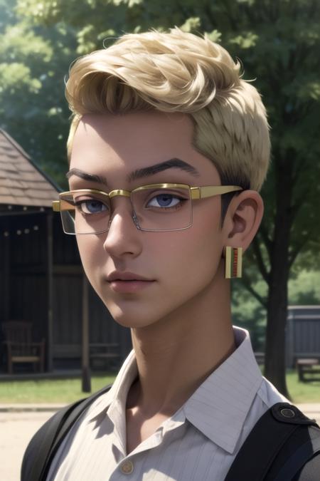 (best quality:1.1), (masterpiece:1.4), photorealistic, looking at viewer, , , , realistic, 1boy, solo, male focus, <lora:tetta_kisaki:0.98>, tetta_kisaki, blonde hair, grey eyes, short hair, glasses, undercut, , fantasy,