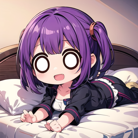 <lora:hotarueye_whiteeye9_v100:1>, 1girl, (chibi:1.4), smile, open mouth, upper body, lying on bed, , purple hair, indoors