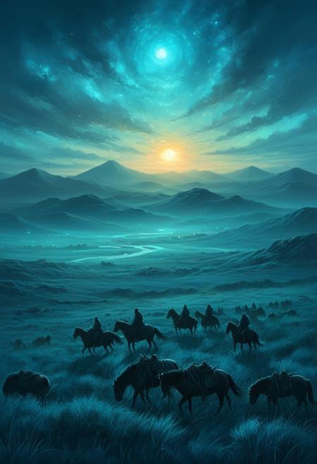 (by Ellen Jewett:1.5), (Bioluminescent Impressionism, Egyptian landscape, The Dreamland,A captivating morning scene illustration featuring the steppes of Mongolia. This enchanting artwork captures a serene and peaceful early morning, where the sun is just starting to rise over the the steppes and fields of Mongolia, creating a cinematic experience back to the times when Mongolian armies rode across the land on horses, illustration, cinematic <lora:DonM3t3rn1tyXL-v1.1:0.7>, DonM3t3rn1tyXL, OverallDetailXL <lora:MJ52:0.3> <lora:SDXLFaeTastic2400:0.4> <lora:EpicF4nta5yXL:0.7>, ethereal landscapes, depth of field, biotech emotion:1.3) <lora:xl_more_art-full_v1:0.5> <lora:add-detail-xl:1> <lora:RMSDXL_Creative:2>