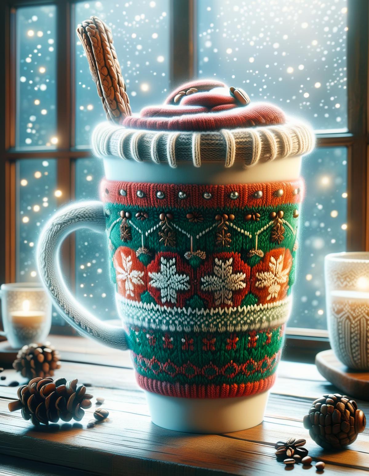 A cup of hot chocolate with marshmallows and sprinkles, placed in front of a window with a snowy scene.