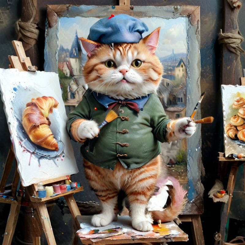 A cat dressed as a painter standing on an easel.