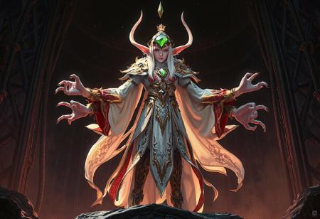 Discover a mystical, powerful elf, standing proudly against a dark Nightmare's Steelcage. Dressed in white with golden and red accents, the elf's head dons a large green gem. With multiple arms and legs, the intricately patterned body exudes both functionality and artistry. The 4K, highly detailed is ready for action. This breathtaking, concept art embodies vibrant colors, dynamic action pose, and captivating lighting. Experience an epic, colorful environment with sharp lines, inspired by artists like Alphonse Mucha, Wlop, and Greg Rutkowski. This masterpiece, rendered with Octane, is ready to trend on ArtstationHQ.