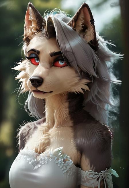 Score_9, loona, helluva_boss, furry, anthro, short hair, grey hair, animal ears, tail, dog girl, wolf girl, animal nose, dog tail, furry female, wolf tail, furry, wolf ears, dog ears, snout, two-tone fur, grey fur, furrification, makeup, fur, fur trim,  absurd res, red scelera, sharp focus, <lora:more_details:1.0> detailed background, volumetric lighting, detailed skin, detailed hair, extremely detailed, ultra 8k quality, white iris, high gradient eyes, medium breasts, flat color, dark theme, high definition eyes, fluffynegative, , white snout, 
Hyperrealistic, photorealistic, realistic, ultrarealistic, high definition, Fluffy, detailed fur, eyesHD, detailed_eye_model, highres, super high resolution, 8k, 
Wedding dress
