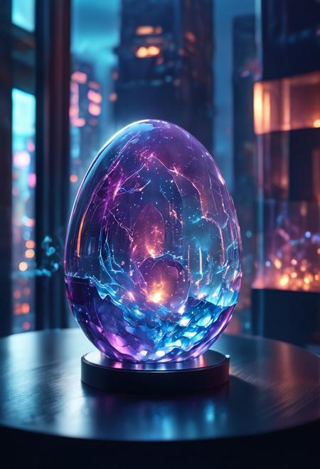 8k analog photo,( blue Lightning strikes and sparks internal large fluorite glass egg:1.2), on table, night city scape and skyscrapers from window, minimalist,