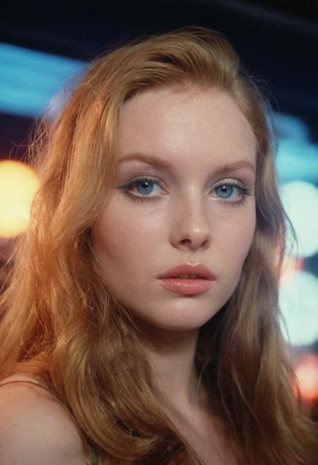 analog film photo ((EuroBabe, 80sPortrait)), ginger, blue eyes, makeup, neon lights, (film grain:1.5) . faded film, desaturated, 35mm photo, grainy, vignette, vintage, Kodachrome, Lomography, stained, highly detailed, found footage