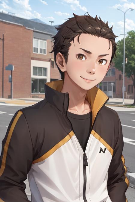 highres, sharp focus, pixiv masterpiece, ((intricate details)), highly detailed, natsuki_subaru, 1boy, brown eyes, jacket, upper body, black hair, smile, looking at viewer, track jacket, hair slicked back, <lora:Natsuki_Subaru_v1_1:0.8>