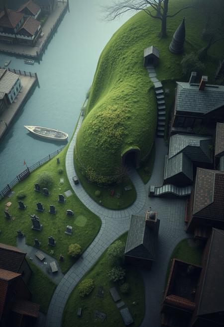 A top-down rpg map view of a large grass covered verdant hill with a graveyard by a fantasy town street, staring directly straight down at the floor, winding streets and alleyways (perfect RPG combat map) of a dockside street with buildings and the river (masterpiece cozy hyperrealisitic, medium format photography, muted colors, soft focus,  accurate proportions,  high quality, detailing, textures) spooky foggy