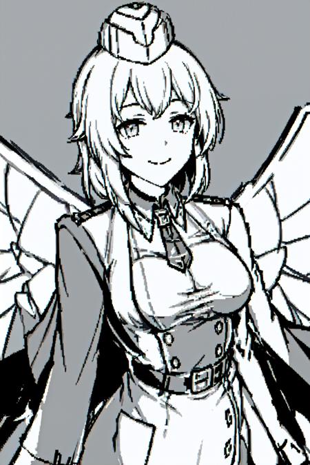 1girl,,pixel art, monochrome,  <lora:InkPix:0.6>,short hair,jacket, <lora:Liv:0.6>nurse cap,medium breasts, wings,smile