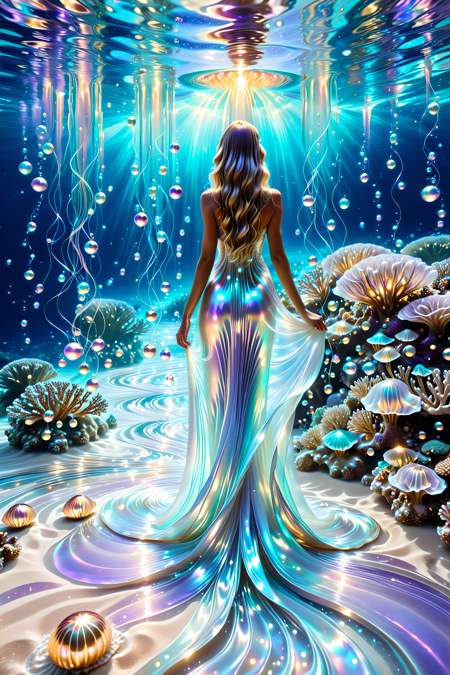 A surreal underwater realm where coral castles drip with glowing pearlescent syrup,jellyfish float like silk lanterns above a pearly sand floor,and luminous mermaids paint ocean currents with swirling trails of light and flowing pigments,magical realism,photoreal style,intricate lighting,A magnificent goddess stands in crystal clear water by flowing rivers of iridescent liquid pearl,Her long hair fluttered in the bright water,the swirling currents reflecting shimmering silver glow,
lavender,and soft gold,the entire scene glowing with divine radiance and surreal mysticism,photorealistic,ultra-high detail,ethereal light,
made of l1qu1dp34rl,pearlescent,flowing through bioluminescent coral reefs,iridescent bubbles rising in turquoise water,hyper-realistic translucency,pearlescent,
Masterpiece,best quality,hi res,8k,hi res,8k,award winning,(sharp focus, intricate, highly detailed),<lora:SDXLFaeTastic2400:0.4>,<lora:liquidpearlXL_r1:1>,<lora:TrendCraft_The_Peoples_Style_Detailer-v2.1A-3_12_2025-SDXL:0.8>