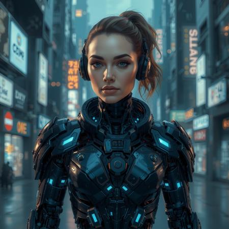 real estate photography style a female cyborg with advanced augmentations patrolling a dystopian city, her body covered in sleek, functional armor with neon circuitry glowing beneath her skin. professional, inviting, well-lit, high-resolution, property-focused, commercial, highly detailed