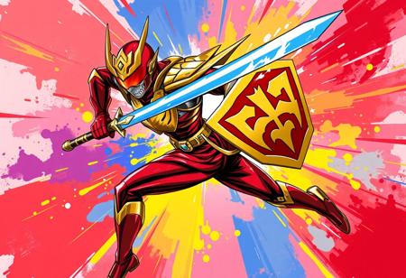 A powerful, dynamic action pose of the Noble Knight's Spearholder from the popular Japanese anime "Kamen Rider", depicted in a vibrant splash ink illustration style. The Spearholder, in their iconic red and gold outfit, gold helmet with red visor, and a prominent gold emblem, is mid-stride, brandishing a striking blue and gold sword in their right hand and a matching shield in their left. The image is explosive with motion, featuring sharp lines and expressive brush strokes. Grammer Effect Style elements create energetic trails and impactful visual effects around the sword and shield. The background is an abstract, multi-colored burst of complementary hues, suggesting a powerful, well-timed moment of confrontation. Vivid emotions radiate from the pose, embodying a joyful impact and powerful message. High quality, super detailed clothes and weaponry, impeccable composition, CGSociety quality, trending on Artstation.