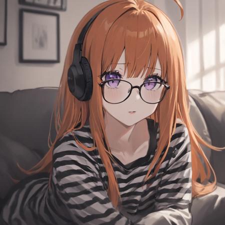 realistic, cinematic, (detailed), (highly detailed), a girl sitting on sofa, sakura_futaba, glasses, behind-the-head_headphones, long orange hair, purple eyes, ahoge, black and white stripped shirt long sleeves <lora:futaba_xl-000006:1>