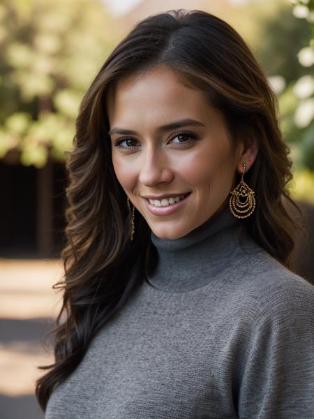 Realistic photo of a beautiful j3nn1f3rlh-v1 woman, 1girl, long hair, breasts, smile, brown hair, turtleneck sweather, jewelry, earrings, teeth, solo focus, grin, realistic, soft lighting, professional Photography, Photorealistic, detailed, RAW, analog, sharp focus, 8k, HD, DSLR, high quality, Fujifilm XT3, film grain, award winning, masterpiece<lora:j3nn1f3rlh-v1:1.0>