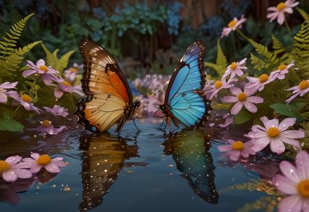 cinematic film still (gossamer wings:1.3),english folklore,pretty,(defying gravity:1.3),(lighter than air:1.2),(floating:1.2),(flying:1.4),masterpiece,exquisite details,(pale gold:1.1),cute,soft,(delicate ferns:1.1),dreamy colored flowers,(spring breeze:1.1),playful shot,subsurface scattering,best quality,light particle,english garden scenery,fantasy,surface tension,indigo flowers,orange tints,teal lights,light rays,falling petals,rain drops,(ulysses butterfly:1.2),curved lines,realism,(bright splashes 
 of puddles:1.1),volumetric light,ray of sunlight,water reflect,isometric,digital art,3d,(lavendar:1.2),(delicate flowers:1.1),blossoms,dissolve,(happy:1.1),<lora:add_detail:1.4>,landscape,<lora:Fine art photography style:1>,<lora:detailed_notrigger:1>, . shallow depth of field, vignette, highly detailed, high budget, bokeh, cinemascope, moody, epic, gorgeous, film grain, grainy