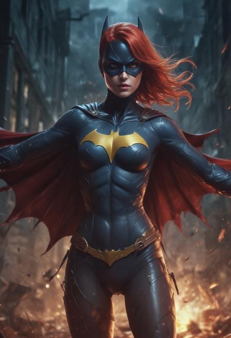 High resolution ultra-realistic of beautiful realistic  Batgirl is fighting a battle, cinematic style, standing on a bloody and stormy battlefield in a fighting pose, bloody massacre, realistic modern combat costume, black mask, red cape, perfect athletic figure, wavy red hair, handsome dirty bloody face, beautiful perfect detailed pupils, wet oily shiny skin, covered in dirt and blood, beautiful firm Breasts, defiant and seductive, sexy 20 year old girl, 8k resolution concept art portrait by Greg Rutkowski, Dark Gotham City, realistic blue eyes, full body, Artgerm, WLOP, Alphonse Mucha, dynamic lighting, hyperdetailed, intricately detailed, Splash art trending on Artstation triadic colors, Unreal Engine, 5 volumetric lighting, Cinematic Lighting, intricate, smooth, sharp focus digital painting, Asymmetrical Balance, painting, dynamic lighting