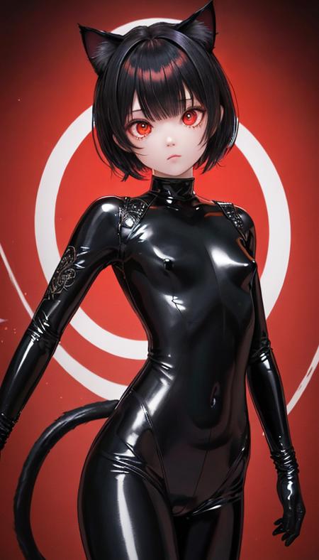 black hair, red eyes, short hair, short twintails, expressionless, cat ears, small breasts, black bodysuit, black latex bodysuit, glowing eyes, ultra detailed, intricate detail, extremely detailed, unity cg, 8k wallpaper, amazing, ultra-detailed illustration