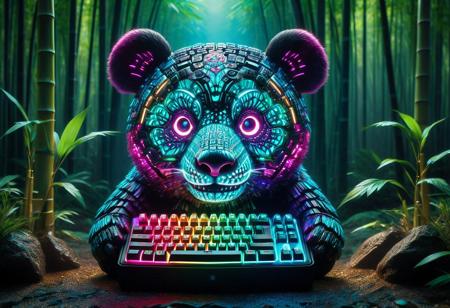 lazypos
A panda adorned with intricate sugar skull makeup, glowing with neon RGB highlights that shimmer across its fur in hues of electric blue, violet, cyan, and magenta. Set against a bamboo forest reimagined with RGB lighting—each stalk subtly pulsing with colorful, animated light waves, casting radiant reflections on the misty forest floor. The ambient glow bathes the scene in a dreamlike, otherworldly atmosphere. The panda’s eyes gleam with light-reactive patterns, echoing the chromatic vibrancy of a mechanical RGB keyboard. Hyper-detailed, 32K UHD, high contrast, with luminous accents and surreal bioluminescent shadows—where nature, culture, and futuristic lighting design converge in a visually stunning, ethereal composition
