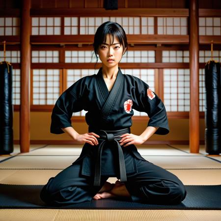 Create a high-resolution digital image of a beautiful Japanese woman in a black karate outfit standing on a mat in a dojo doing her kata.