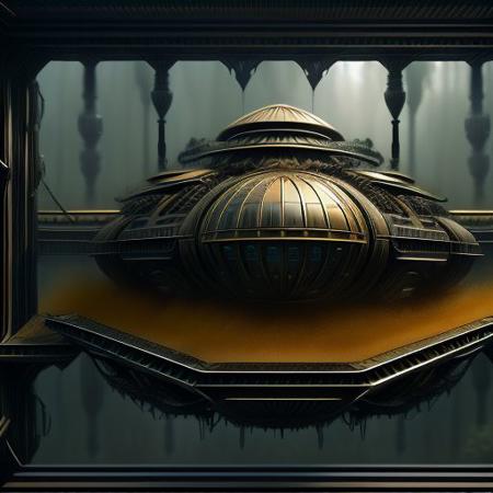 OverallDetail, rim light, gl0ssy_vray_8k, Extremely intricate, epic background, gigantic, masterpiece, 8k resolution, otherworldy, amazing, different angles, front view, faraway view, from below, matte black, gilding machine, j_sci-fi