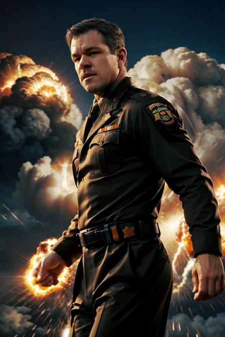 a upper body shot photo of 1man surrounded by orange explode,Matt Damon,military uniform,silhouette,cutout,open arms,nuclear explosion,blurry background,<lora:Oppenheimer>,