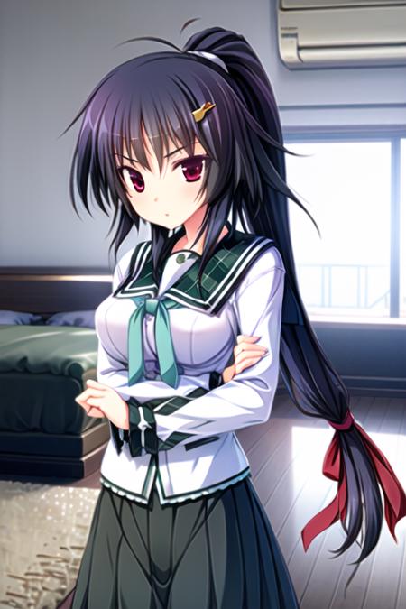 1girl, solo, black hair, school uniform, red eyes, long hair, hair ornament, ponytail, hairclip,