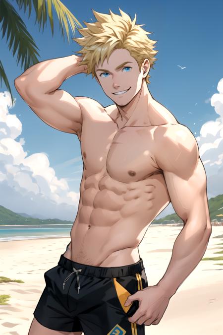 spark pokemon blue eyes, male focus, blonde hair, spiked hair