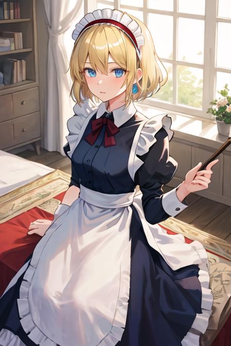 best quality, masterpiece, highres, solo, {maid:1.40}, {long maid dress:1.15}, {alice_margatroid_touhou:1.15}, blonde_hair, short_hair, hairband, blue_eyes, capelet