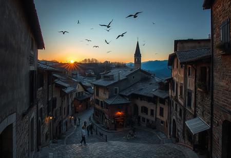 professional photo, photo of an old European mountain village with medieval cobblestone streets, a few people dot the streets but are too far to make out any details, birds fly overhead, no cars on the streets, the sun has just dropped below the horizon and it is getting dark