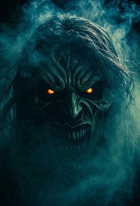 Face of a Horrible shapeshifter shrouded in flowing shadows,  
Texture, ornaments and sharp contrasts, 
dust, 
fog, 
Image of very angry face with sharp teeth, 
mysterious character, 
scary,  
dramatic atmosphere,  
Mixture of dark color palette, 
and cold colors, 
lomography, 
Swirl of colors