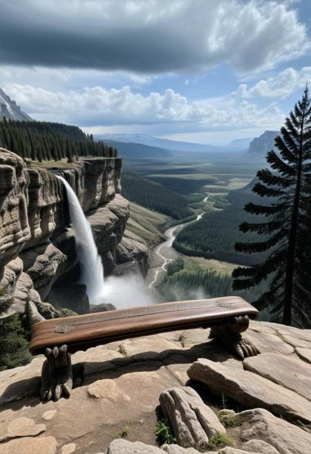 a wooden bench sitting on a precipice overlooking a vast, sunlit alien landscape valley dotted with ancient ruins and dense forests. rear view. The distant roar of a waterfall mingles with the calls of unseen creatures, creating an atmosphere of both serenity and tension. Overhead, fantastical storm clouds gather, their deep grays contrasting with the vibrant tones of the alien landscape below, vivid colors, mystical energy, 8k, photorealistic, photorealism, uhd, ultra-detailed, photography, f/8 photo, nmskyrim