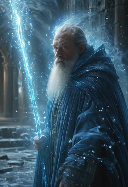 Astral Aura, (auralora:1.2), dark fantasy aesthetics, movie poster, centered composition, photography by Doug Aitken. A dark and moody face close-up of an old wizard standing in the halls of a temple ruins wearing a cloak is ((surrounded by sparks of ice shards)). The man has a long white beard and is holding a large magical staff that emits a bright blue light that shimmers on his face. Detailed face, detailed skin, skin texture, skin pores, (freckles:0.9). Dust particles, particle system. Gritty, raw, damp, liminal fog, shimmering light. A mesmerizing blend of light and shadows. <lora:Aurastronger_SDXL:1>, astral, colorful aura, vibrant energy