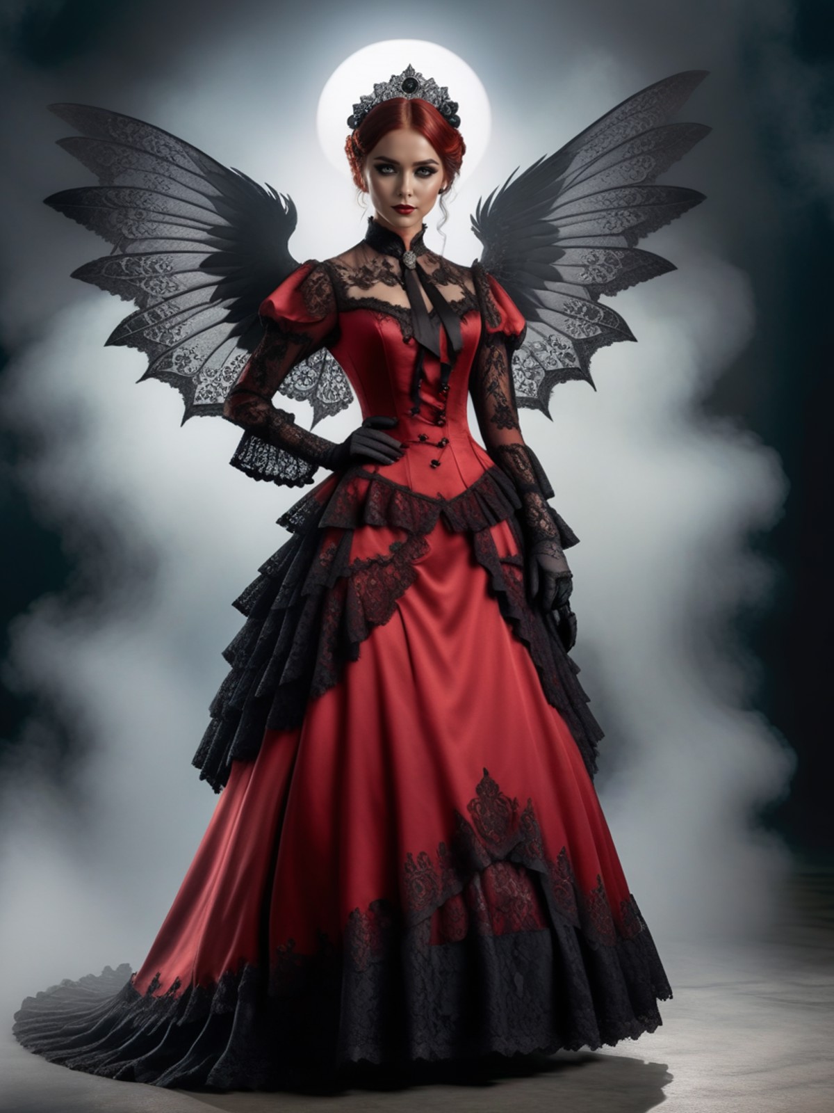 breathtaking woman wearing a red (victorian dress), <lora:victorian_dress-XL-2.0:1>
photograph, realistic, black wings, fu...