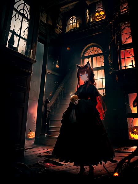 a girl in a Halloween costume, standing in front of a haunting house adorned with eerie decorations. The girl's costume is inspired by the mystical and macabre, with dark colors, flowing fabric, and intricate details. (She holds a carved pumpkin:1.05), its flickering candle casting an eerie glow on her face. The haunting house behind her is dilapidated, with broken windows and overgrown vines, creating a spooky atmosphere. Shot with a Sony A7 III, Fujifilm Velvia 50 film, 35mm lens, capturing the haunting beauty of the scene with rich colors and sharp details. raifu, dark red hair, blue eyes, straight hair, cat ears, medium breasts, mature female,