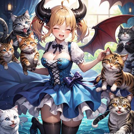 (masterpiece, best quality, highres), a beautiful picture of a girl surrounded by ((cats, cats, CATS, cat, holding animal, animals, many cats, many animals, tons of cats, overwhelming amounts of cats, cats everywhere, CATS, :1.4)) ,  she is overwhelmed and surrounded by cats, she is covered in cats, there is barely any room in the picture for her there are so many cats, the picture is mostly cats with a girl in the middle, indoors, 1girl, horns, one eye closed, thighhighs, blonde hair, wings, pointy ears, open mouth, demon tail, smile, solo, twintails, dress, (demon girl, tail,) demon horns,  card, holding, orange eyes, (demon wings), breasts, short sleeves, black thighhighs, puffy short sleeves, looking at viewer, puffy sleeves, yellow eyes, ribbon, hair ornament,  frills, long hair, blue dress, bow, (bat wings), ahoge, blush, cat, hair ribbon, shoes, large breasts, boots, black footwear, brown eyes, corset, full body, teeth, bangs, zettai ryouiki, frilled dress, frilled thighhighs, blunt bangs, underbust, skirt, hair bow, cross-laced clothes,  sky,  paper, short hair, watermark, holding card,  <lora:GremoryV1:1>