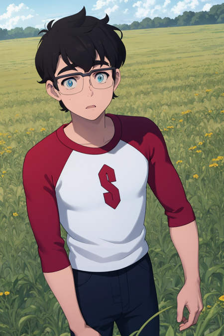 masterpiece, best quality, 1boy, black hair, short hair, blue eyes, glasses, shirt, raglan sleeves, pants, solo, upper body, looking at viewer, standing, grass, blue sky, meadow background <lora:YoungClark:1>