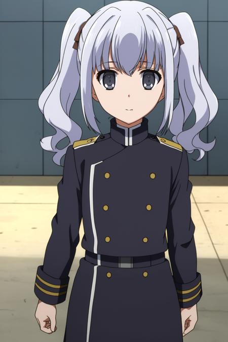 ((masterpiece)), (( best quality)), 1girl, solo, twintails, grey eyes, white hair, military, uniform, military uniform, buttons, looking at viewer, school uniform, <lora:NephrenV2:0.7>,