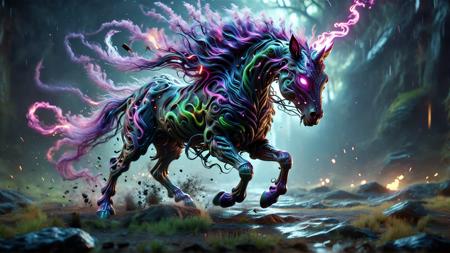 Hallucinogenic psychedelic art, running horse in a battlefield, horror, dark, intricate design and details, photography lighting, light rays, photorealistic, cinematic, cinematic noise, octane rendering, focused, 8k, hyperrealistic, vfx post-production, rtx ray tracing lighting, artstation, cgsociety, dramatic lighting, dramatic shadows, orthodox symbolism, concept art, ambient, magic realism, 8k resolution, tribal darkfantasy, flowerpunk,> 16k UHD, hasselblad 100C, 50.0mm, f/2.8, 1/250s, ISO 500, the head of a <lora:DonMW15pXL:1>,  <lora:mjv6:0.8>