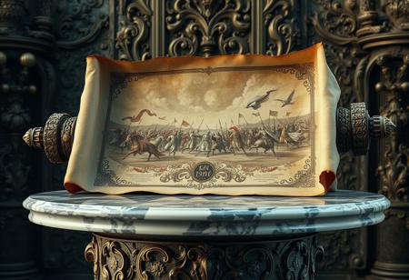 An old parchment depicting a battle between knights. Photorealistic style, ultra-high detail. Cinematic lighting.